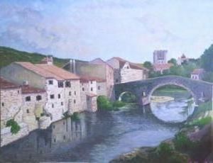 Peinture de claude LOTH: Vieux pont sur rivière traversant un village ancien du sud