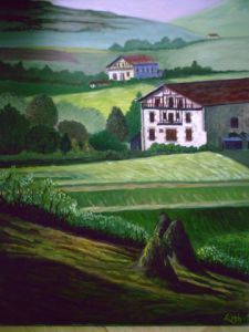 Peinture de claude LOTH: Maison Basque et champs près des pyrennées
