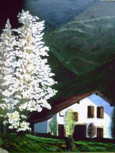 Peinture de claude LOTH: Maison basque et arbre en fleurs au printemps au pied des pyrennées