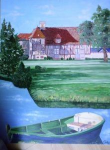 Maison normande vue de la rivière - Peinture - claude LOTH