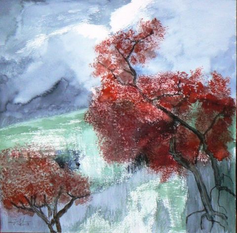 feuillages rouges et météo maussade - Peinture - cornelius