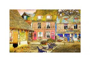 Peinture de Pierre frederick PETETIN: La place du village Beuvron en Auge
