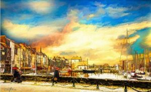 Peinture de Pierre frederick PETETIN: Honfleur. Quai saint Catherine - Le vieux port. Tous droits réservés