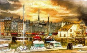 Peinture de Pierre frederick PETETIN: Honfleur. Quai Saint Etienne -Le vieux port. Tous droits réservés 