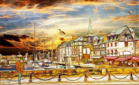 L'artiste Pierre frederick PETETIN - Honfleur. Le ciel en feu - Le vieux port. Tous droits réservés