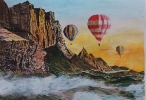 Peinture de Christian Bligny: Voyage en mongolfière