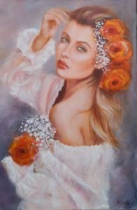 Peinture de MARTINE GREGOIRE: Élégante aux roses orange 