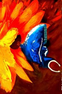 Peinture de MMARTIN: papillon butinant un tournesol