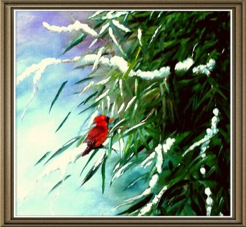 oiseau sur branche enneigée - Peinture - MMARTIN