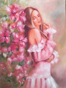 Peinture de MARTINE GREGOIRE: Romantisme et fleurs d'hibiscus 