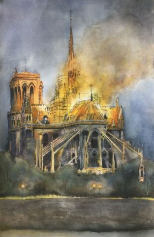 Notre-Dame de Paris en flamme - Peinture - Philippe DEMARS