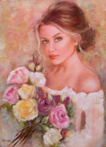 Peinture de MARTINE GREGOIRE: Élégante au bouquet