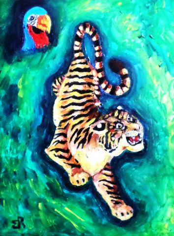 Le tigre et l'oiseau - Peinture - Monique RENAULT