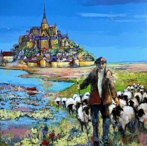 Peinture de philippe amagat: Vie de berger sous le Mont Saint Michel 