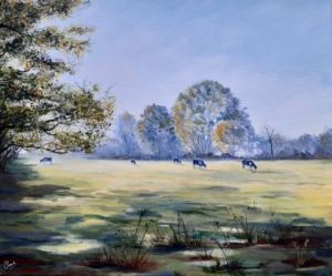 Peinture de Claud : Vaches au pré dans la lumière du matin