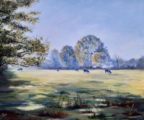 Vaches au pré dans la lumière du matin - Peinture - Claud 