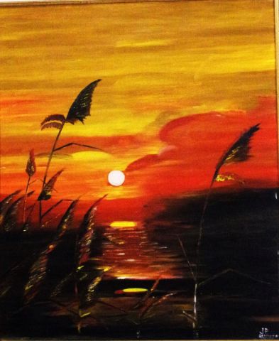 coucher de soleil  sur le lac  - Peinture - jean gahinet