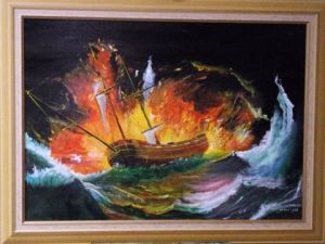 Peinture de jean gahinet: goélette en feu , dans la tempète 