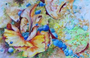 Peinture de Jean Jourdan: fleur aux bulles bleues