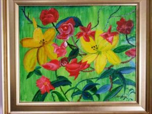 Peinture de jean gahinet: fleurs variées , roses,