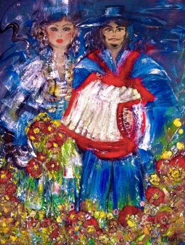 Les fiancés BIGOUDEN (l'accordéoniste) - Peinture - Edwige lefevre