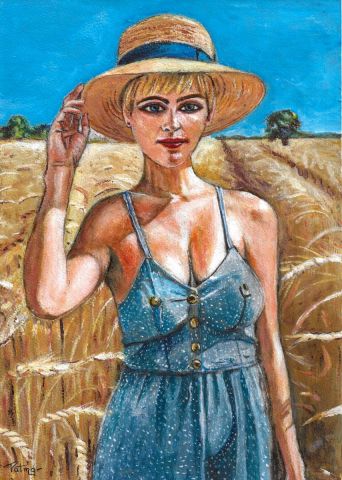 Jeune femme dans un champ de blé - Peinture - Patmor
