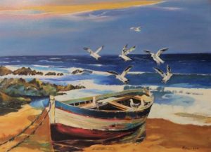 Peinture de Patmor: Barque amarrée sur la plage