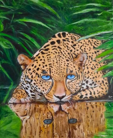 Léopard s'abreuvant - Peinture - Patmor