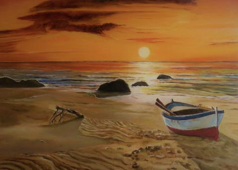 Peinture : Barque sur la plage coucher de soleil - Patmor Peinture : Barque sur la plage coucher de soleil - Patmor