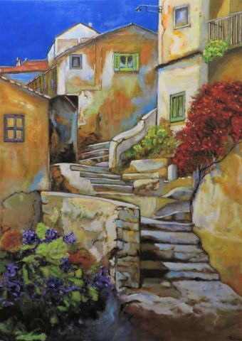 Village sur la butte - Peinture - Patmor