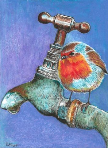 Rouge-gorge perché sur un robinet - Peinture - Patmor