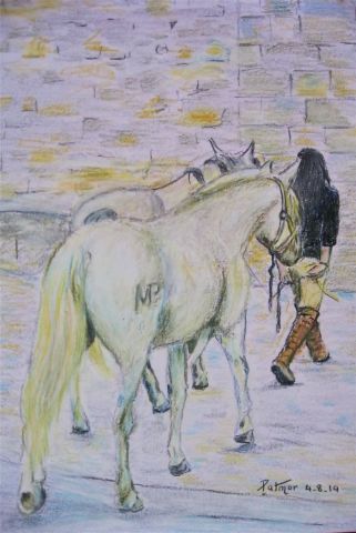 Peinture : Honmne tenant deux chevaux par les brides - Patmor