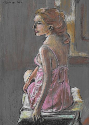 Peinture de Patmor : Femme en déshabillé rose