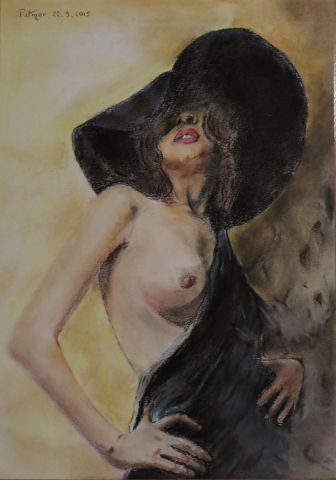 Peinture de Patmor : Femme au grand chapeau noir