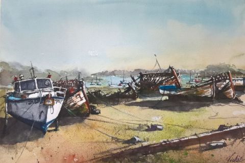 Peinture de Vidal : Quelmer,  cimetière de bateaux