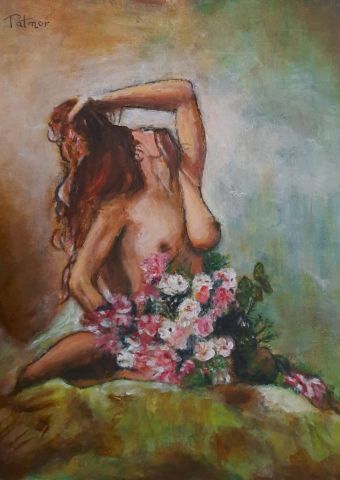 Peinture de Patmor : Femme au bouquet de roses