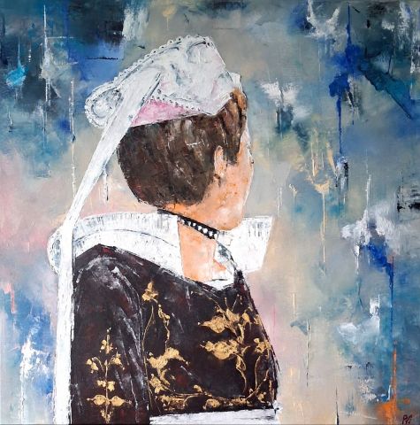 Peinture de Vidal : Huile originale, costume et coiffe bretonne.