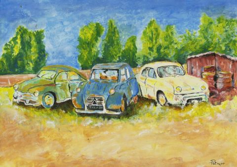 Peinture de Patmor : Vieilles voitures à la remise