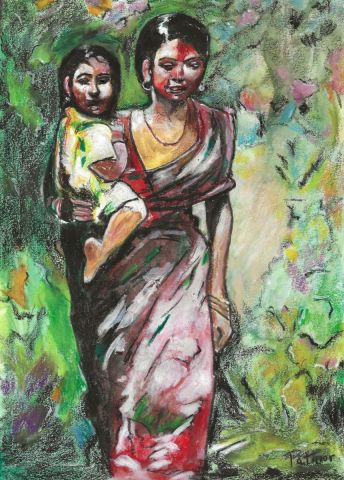 Peinture de Patmor : Femme indienne portant son enfant