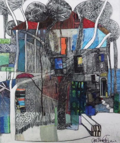 Peinture by ETIENNE Gaetane : La maison entre les arbres