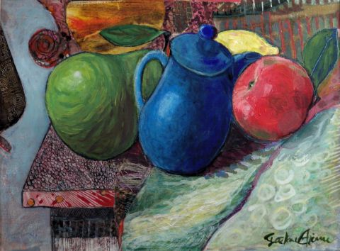Peinture de ETIENNE Gaetane : nature morte au pichet bleu