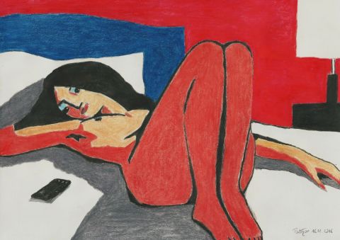 Peinture de Patmor : Femme nue au portable
