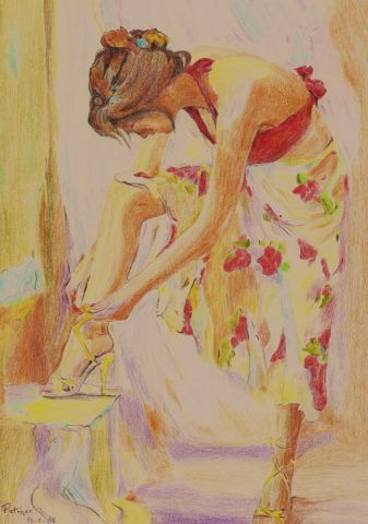 Peinture de Patmor : Femme relaçant ses chaussures