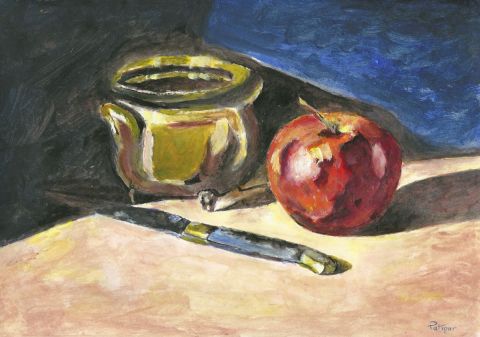 Peinture de Patmor : cuivre, pomme et couteau