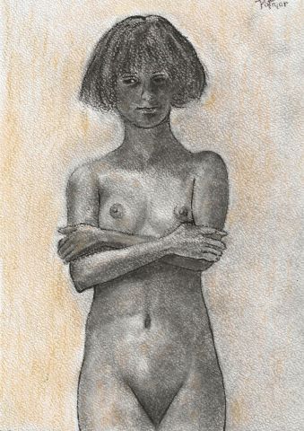 Peinture de Patmor : Jeune femme nue bras croisés