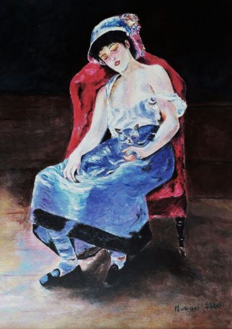 Peinture de Patmor : Jeune fille au chat