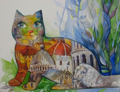 L'artiste OXANA ZAIKA -    chat de PISE-Cat katze-aquarelle original32x41cm  