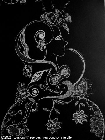 chara - Femme en vie 1- graphisme acrylique sur papier noir
