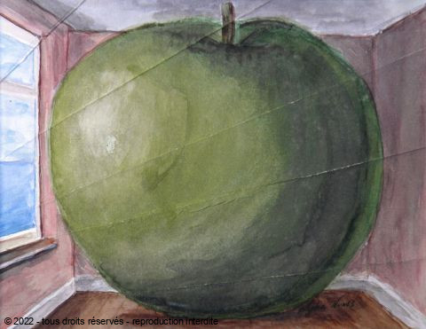 Roselin-Art - Aquarelle. Pomme pliée. D'après Magritte