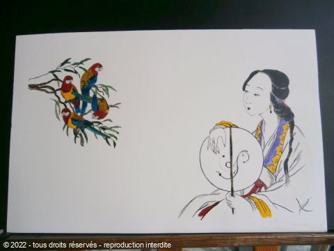 L'artiste Akino - femme aux perroquets